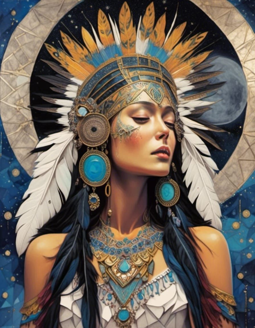 Mayan Princess in feather headdress worshipping the moon