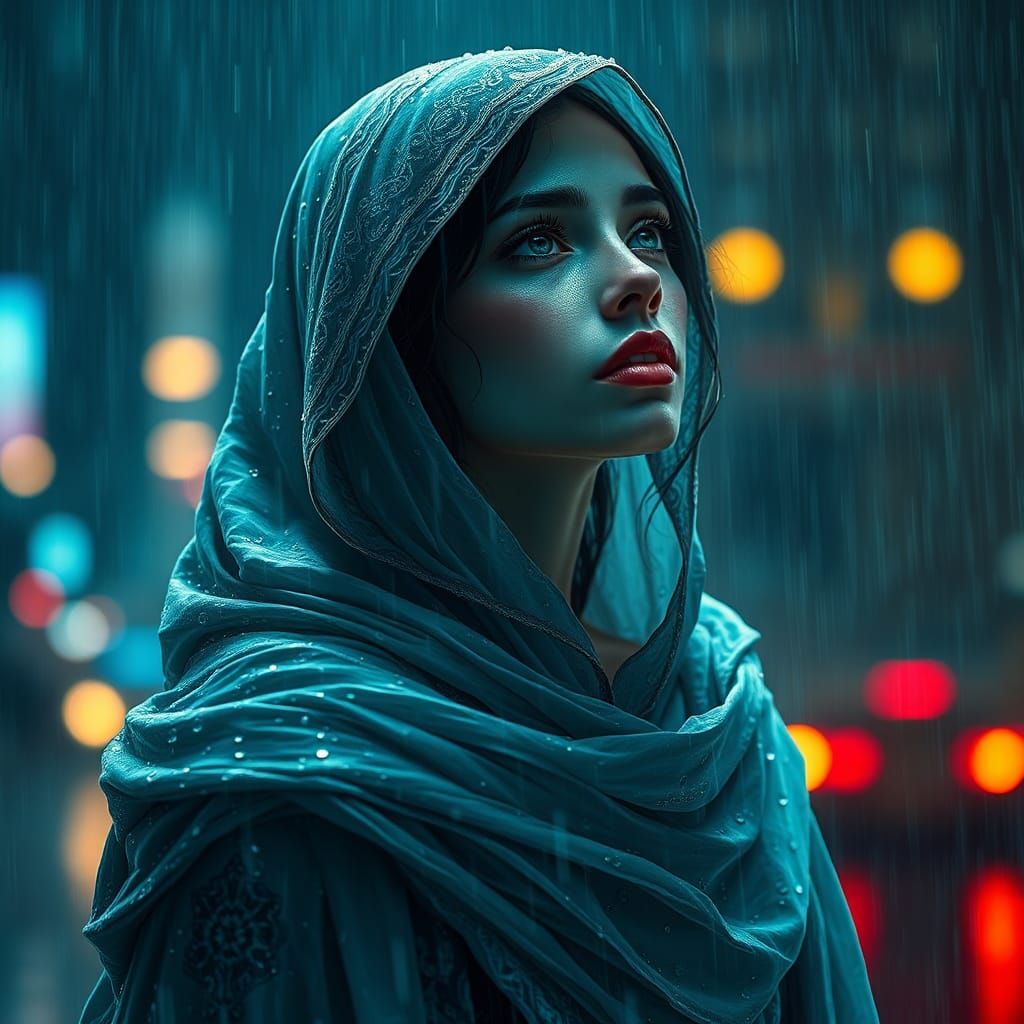 Majestic Woman Crying in the Rain: Hyper-Realistic Art