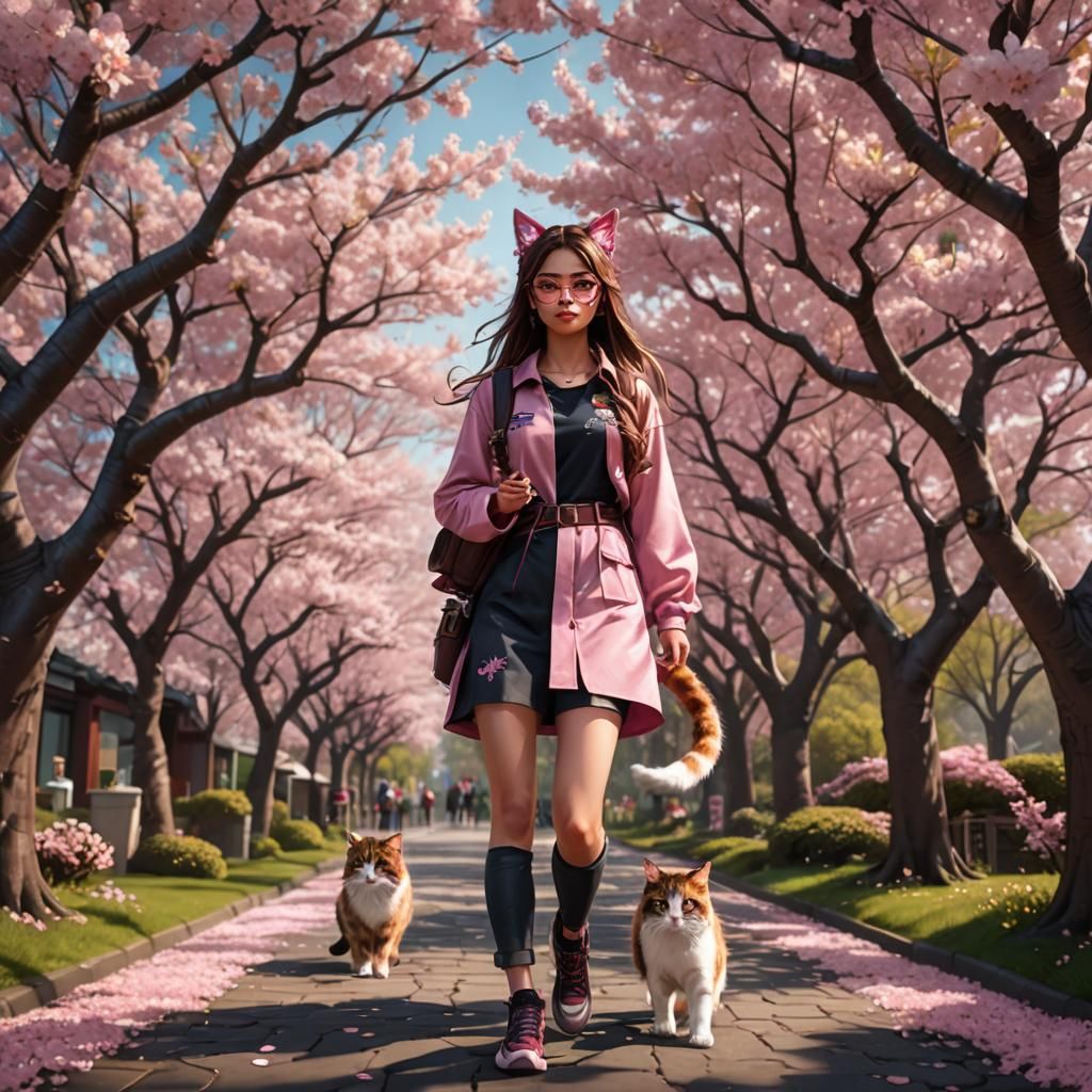 Girl with Cat Ears Walking Cherry Blossom Path