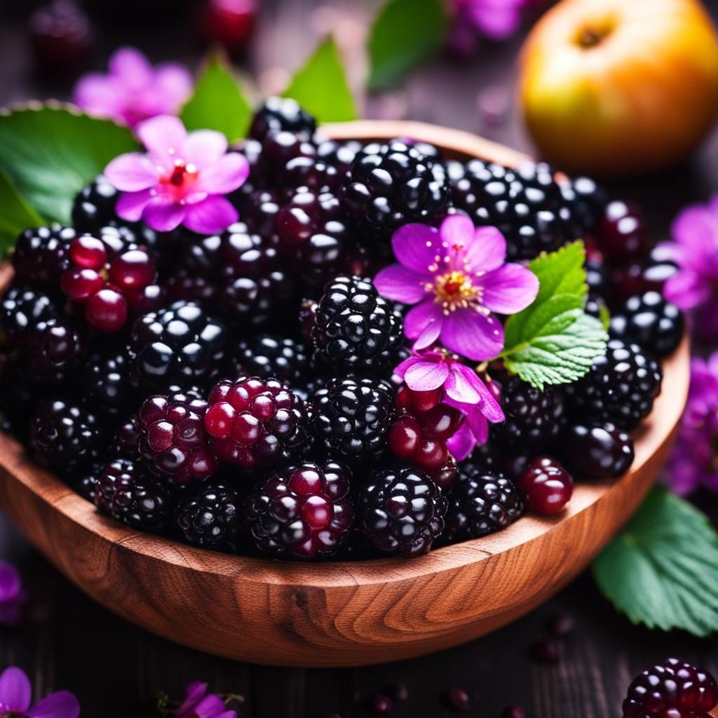 Dewy Blackberries and Purple Blossoms in Wooden Bowl