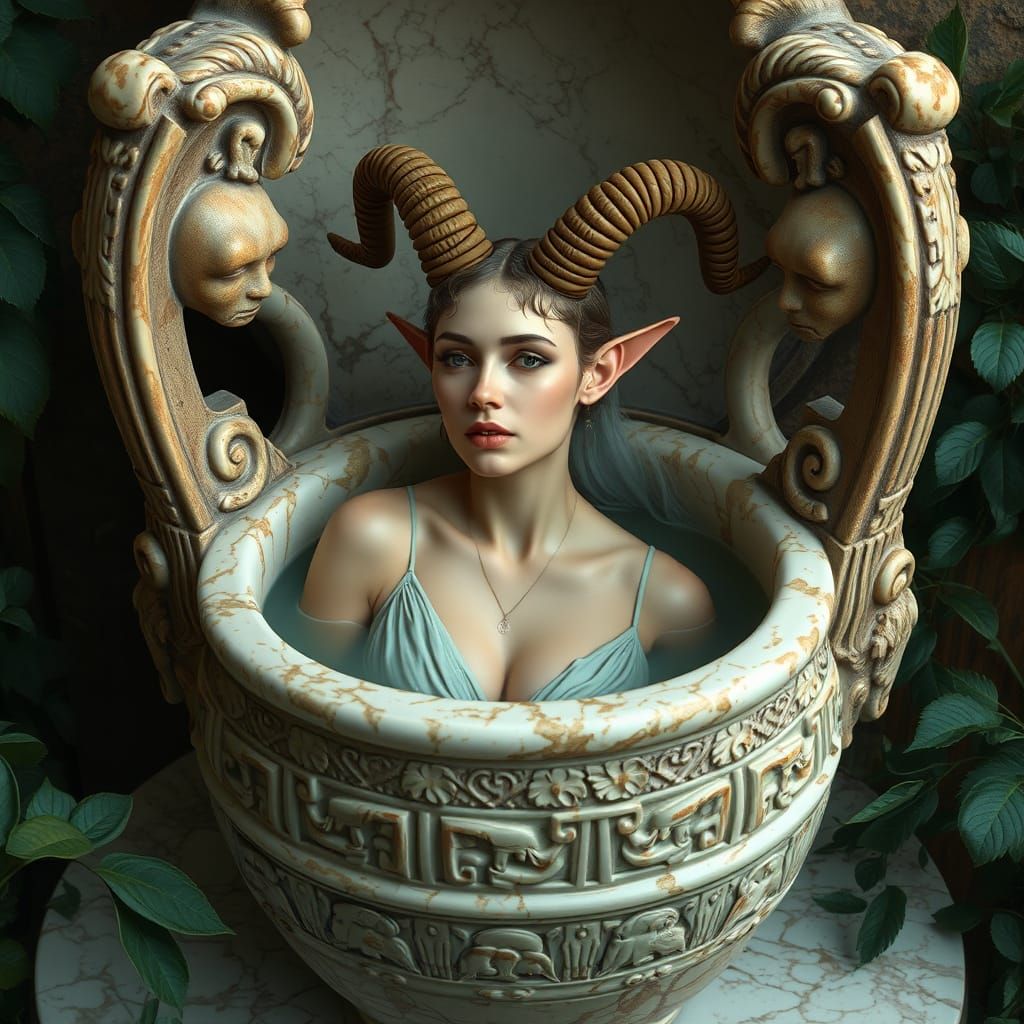 Faun Woman Bathes in Ancient Marble Vase