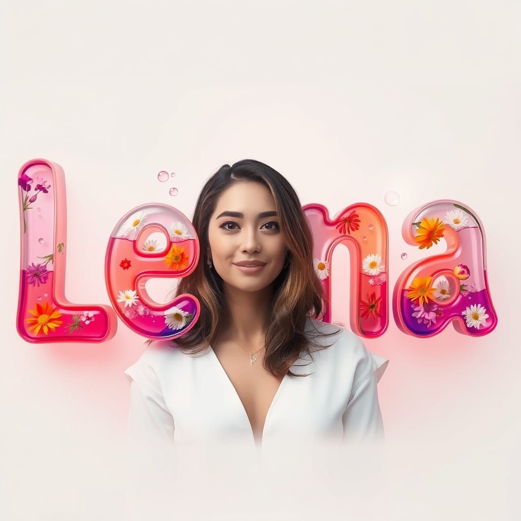 Photorealistic Glass Letters Spelling "LEENA" with Liquid an...
