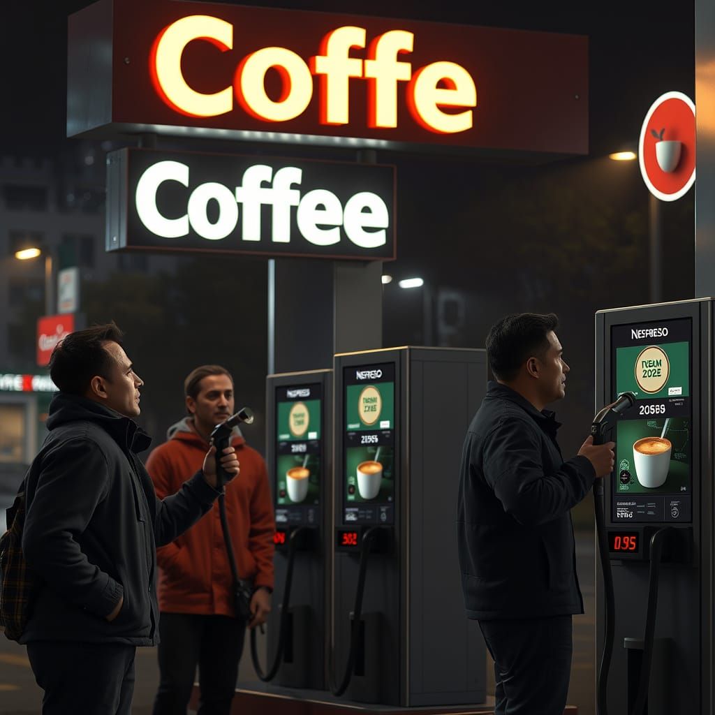 Modern Gas Station Serves Coffee Instead of Fuel at Night in...