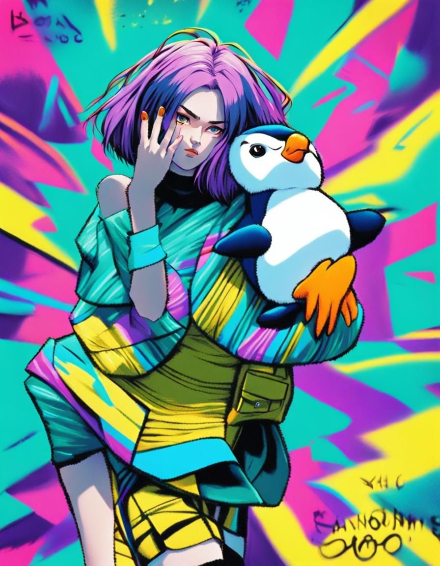 Young Girl Posing Fashionably with Stuffed Penguin in Vibran...