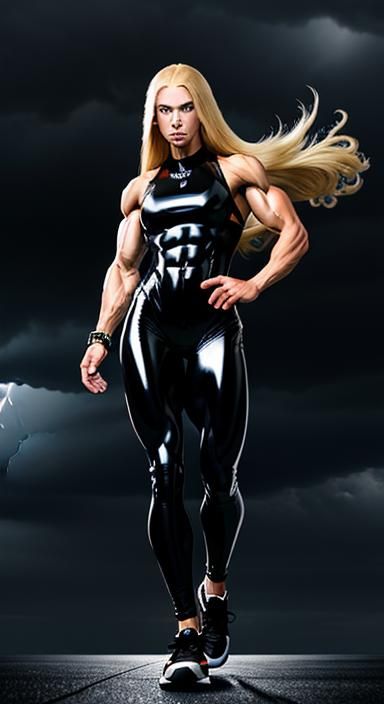 Skinny Bodybuilder in Catsuit with Levitating Thunderstorm