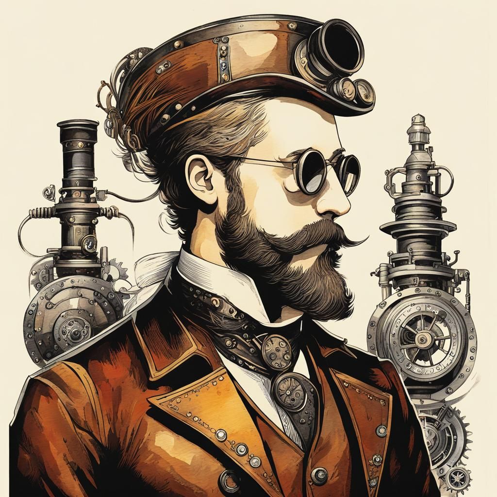 Steampunk Professor in Ink and Watercolor Style