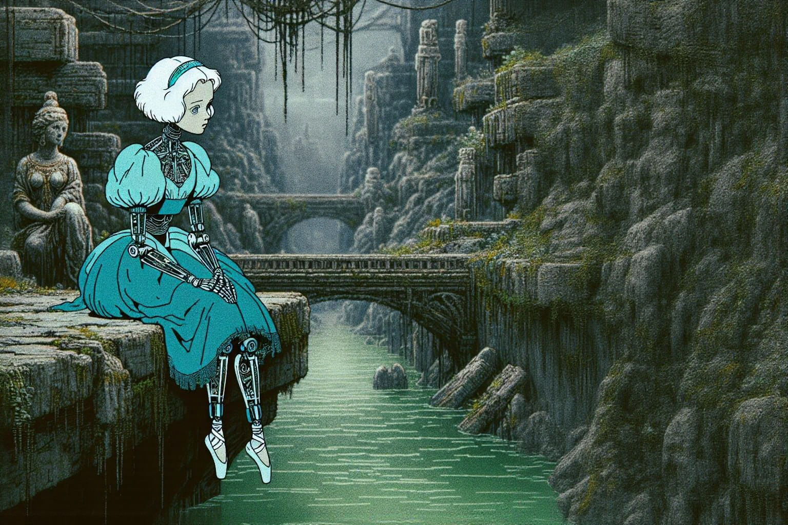 Cyberpunk Princess Contemplates Ruins in Distressed Ballet A...