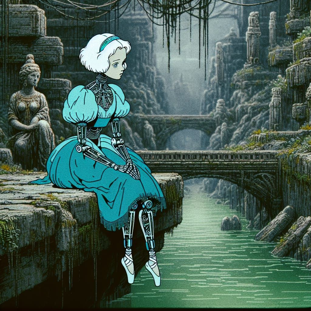 Cyberpunk Princess Contemplates Ruins in Ancient Cartoon