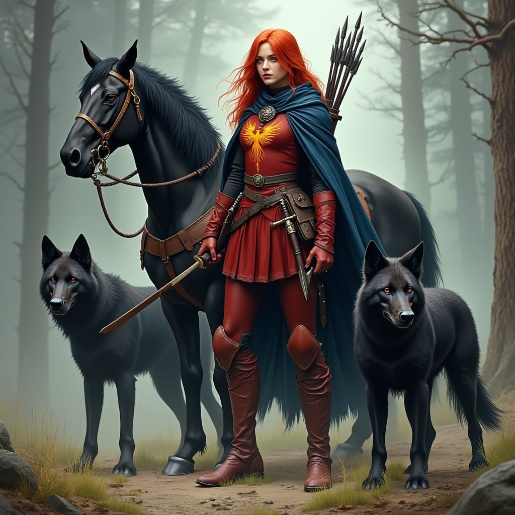 Redheaded Warrior with Phoenix Emblem and Dual Swords