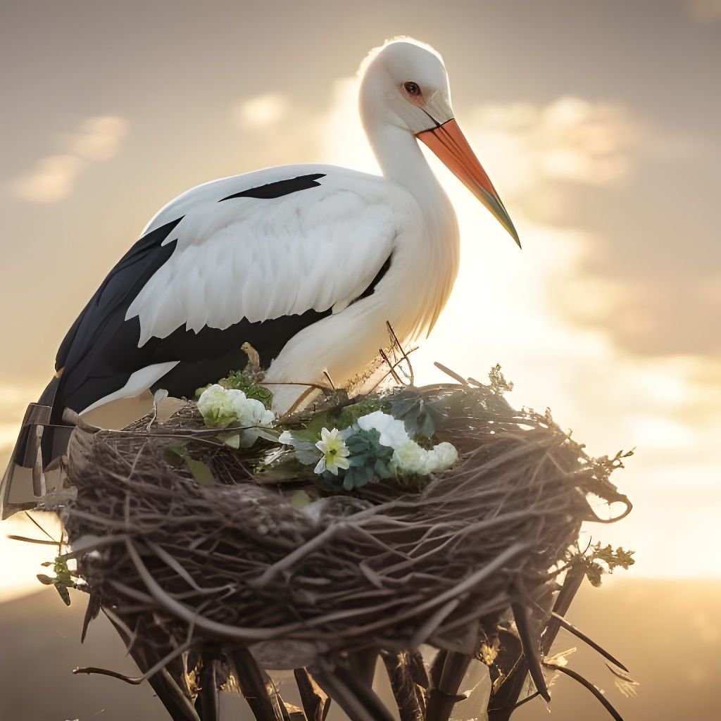 White Stork Nesting on a Sunny Spring Day