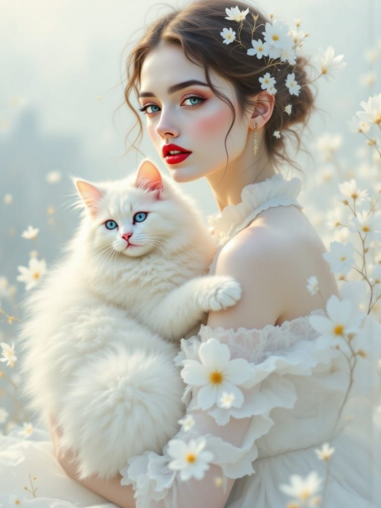 Rococo Beauty Enchants with Gentle Cat Companion