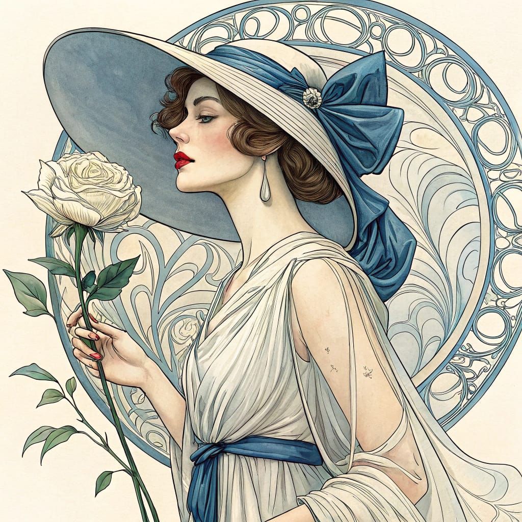 Elegant Woman with Rose in Art Nouveau Style