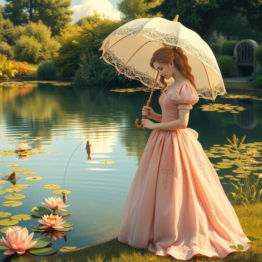 At a beautiful pond ,A beautiful princess is reversly keeping umbrella  into  pond to catch fishes as fishing rod ( "THA...