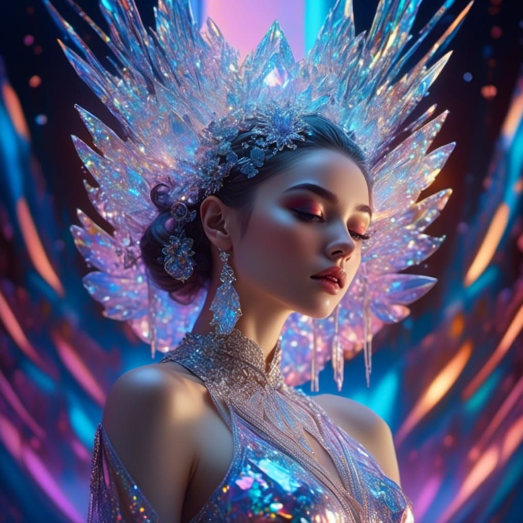 Holographic Portrait of a Stunning Girl in a Glimmering Holo...