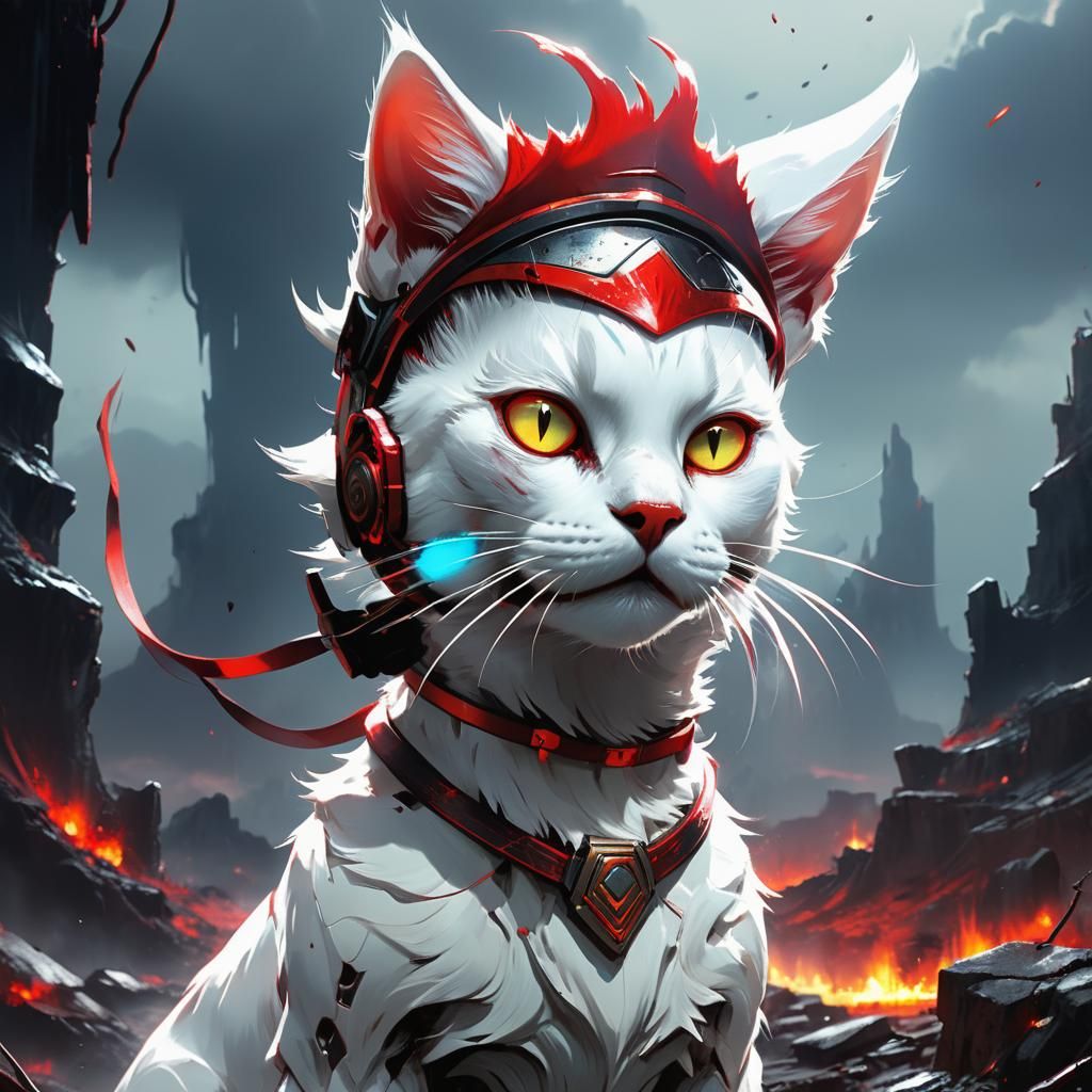 Dystopian Horror Art: White Cat in Ruined Landscape