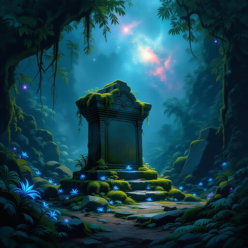 Ancient Jungle Altar Under Nebula Glow, Painterly Style