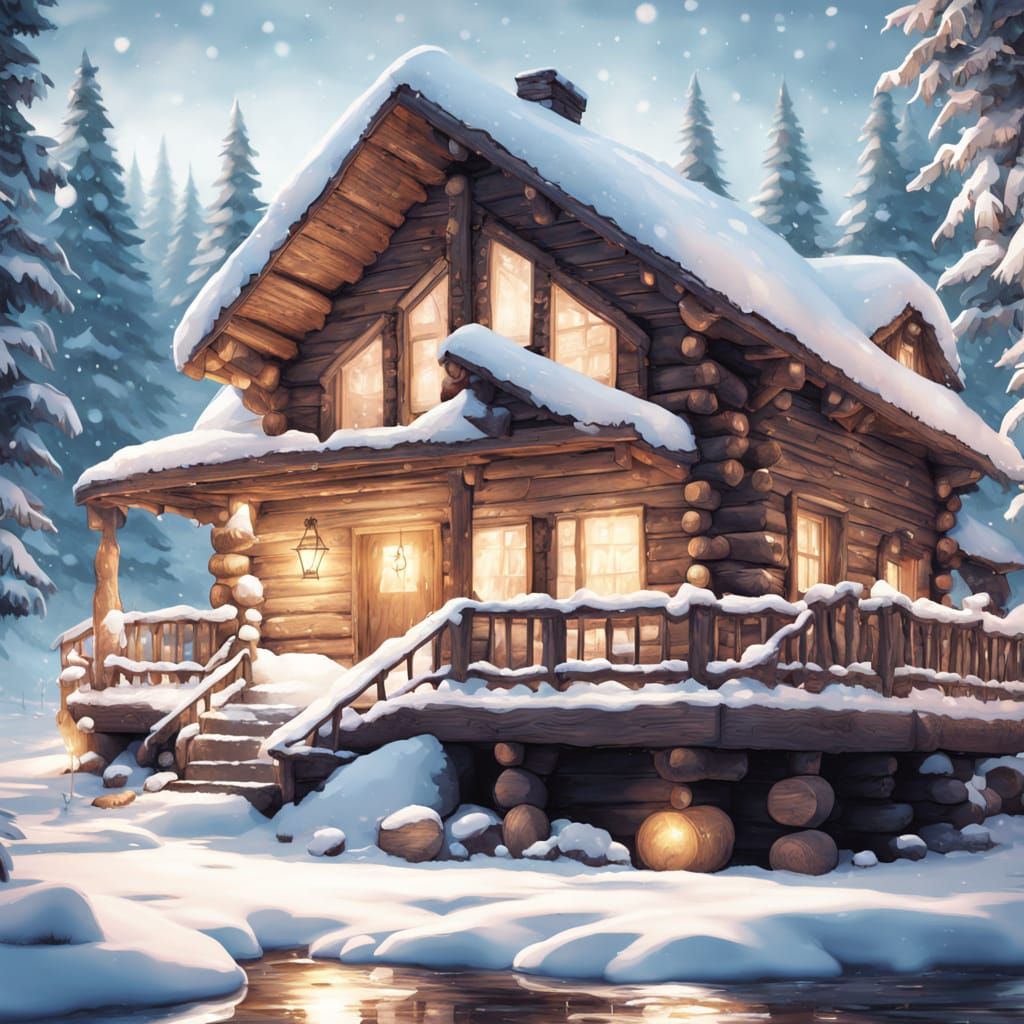 Cozy Log Home in Snowy Winter Landscape