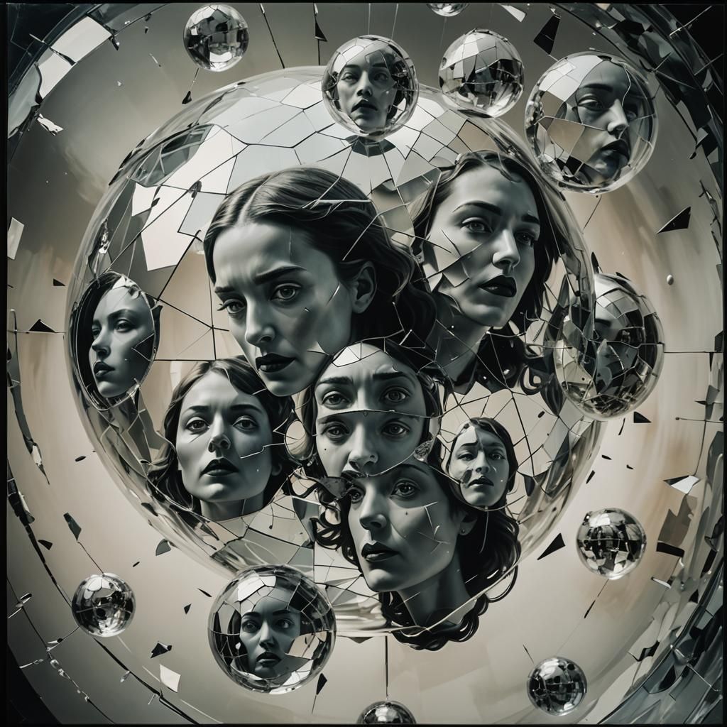 Surreal Sphere: Multiple Faces in Dreamlike Reflections