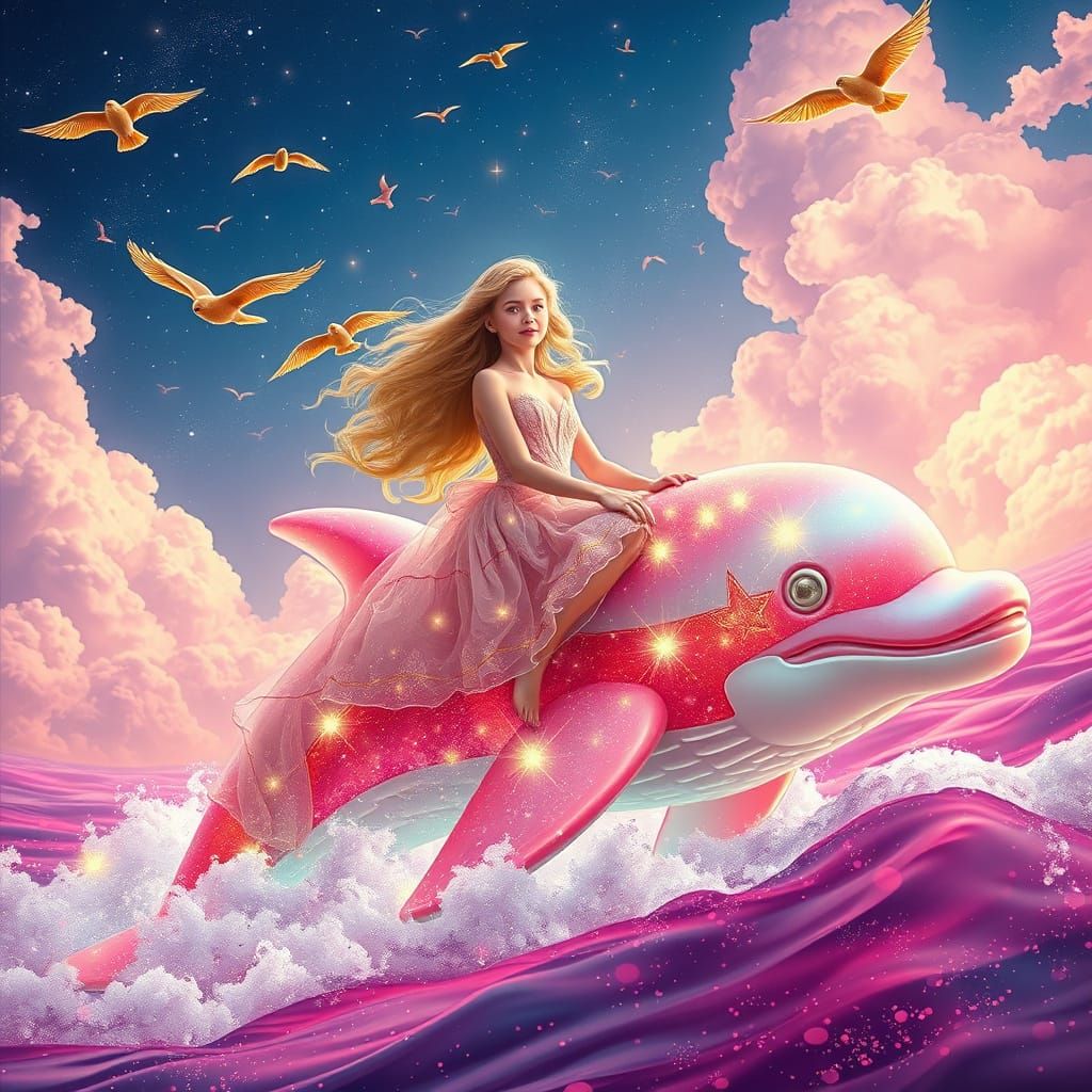 Fantasy Woman Rides Gummy Dolphin in Candy Sea