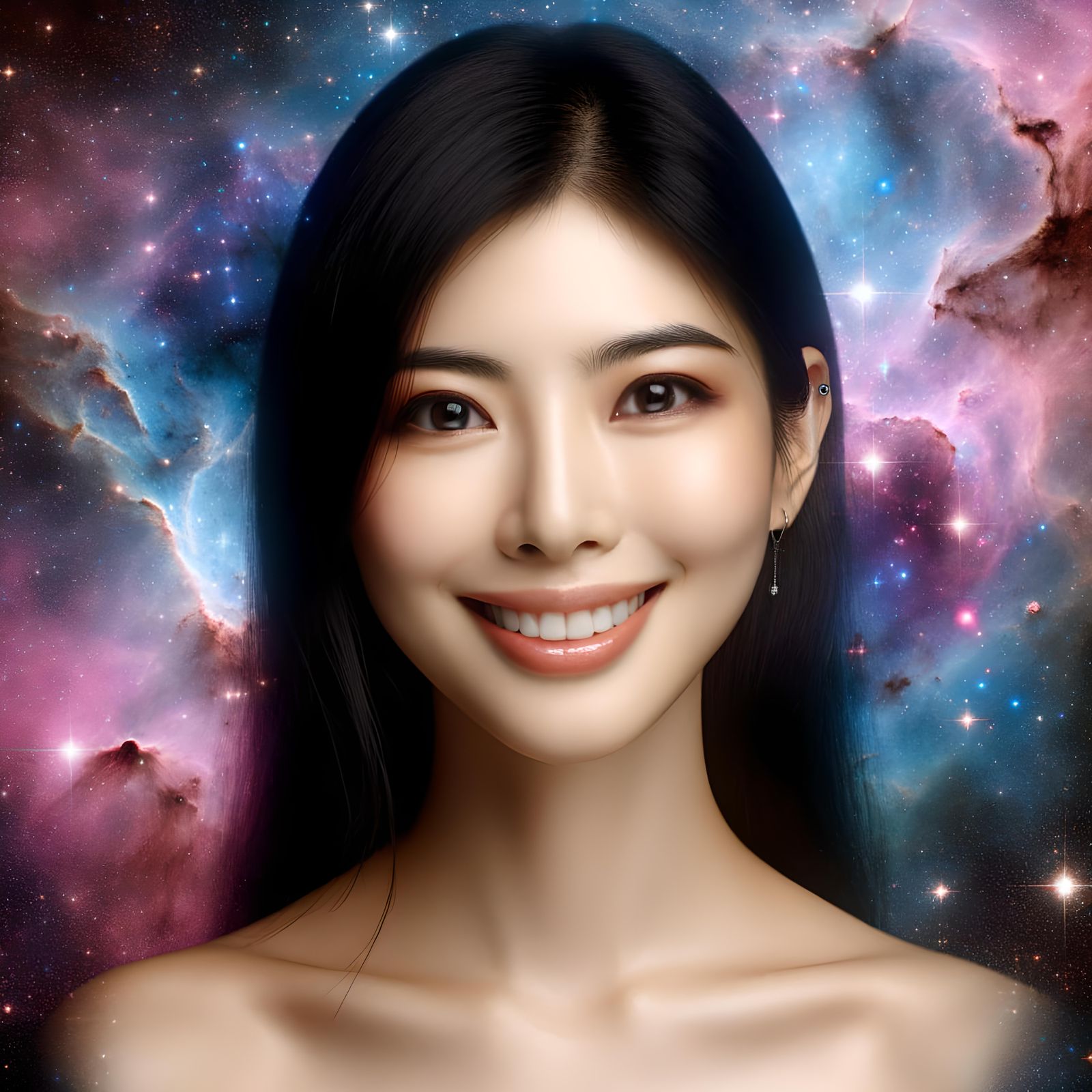 Smiling Woman with Sparkling Eyes in Colorful Nebula