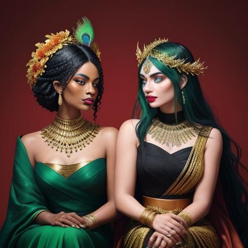 Golden Woman with Peacock Hair, Expressionist Oil Painting