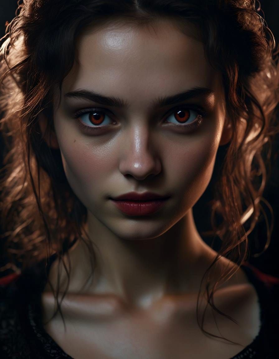 Girl's Vampire Smile in Rembrandt Lighting