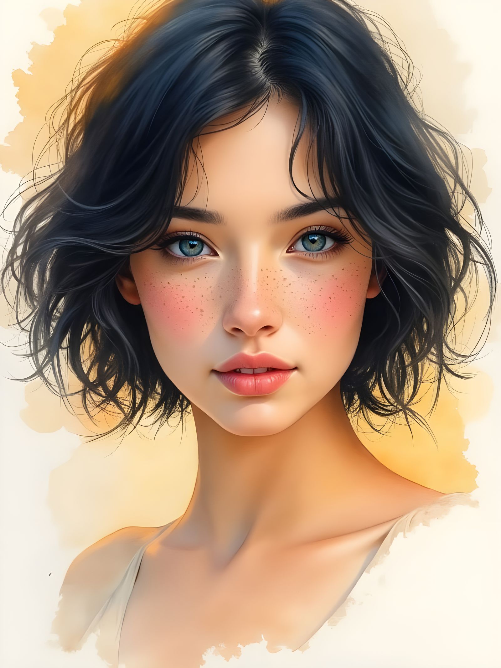 Watercolor Portrait of a Woman with Blue Eyes