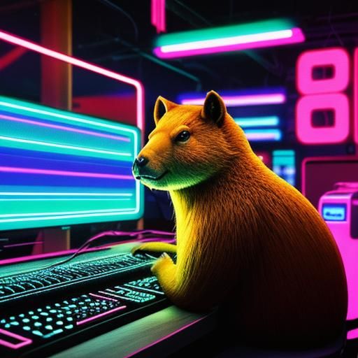 Capybara in Synthwave Neon Retro Style