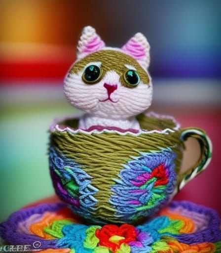 Yarn Kitten in Teacup: Crochet Digital Art