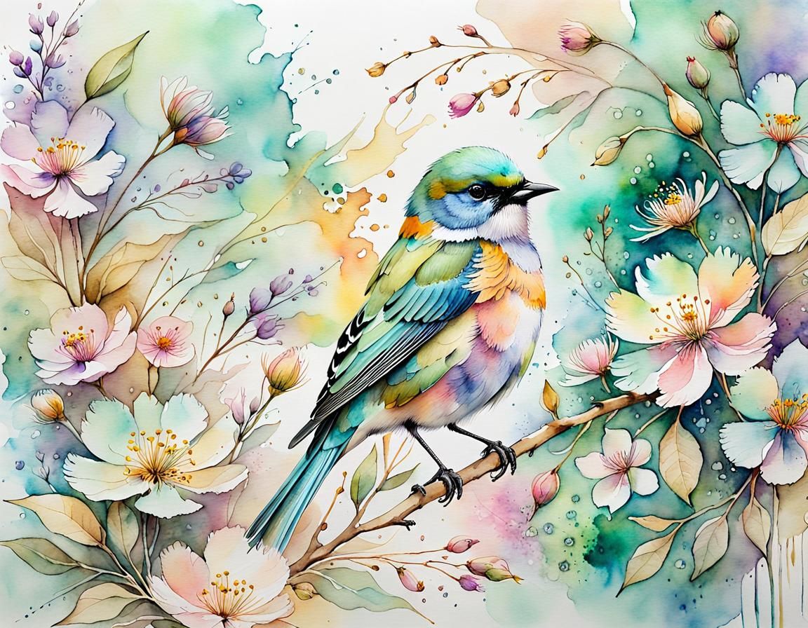 Pastel Bird with Aquarelle Flowers in Watercolor Style