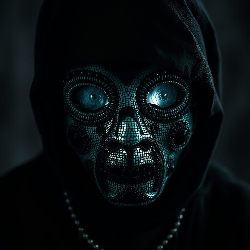 Eerie Beaded Blob Gimp Mask in Photogravure Style