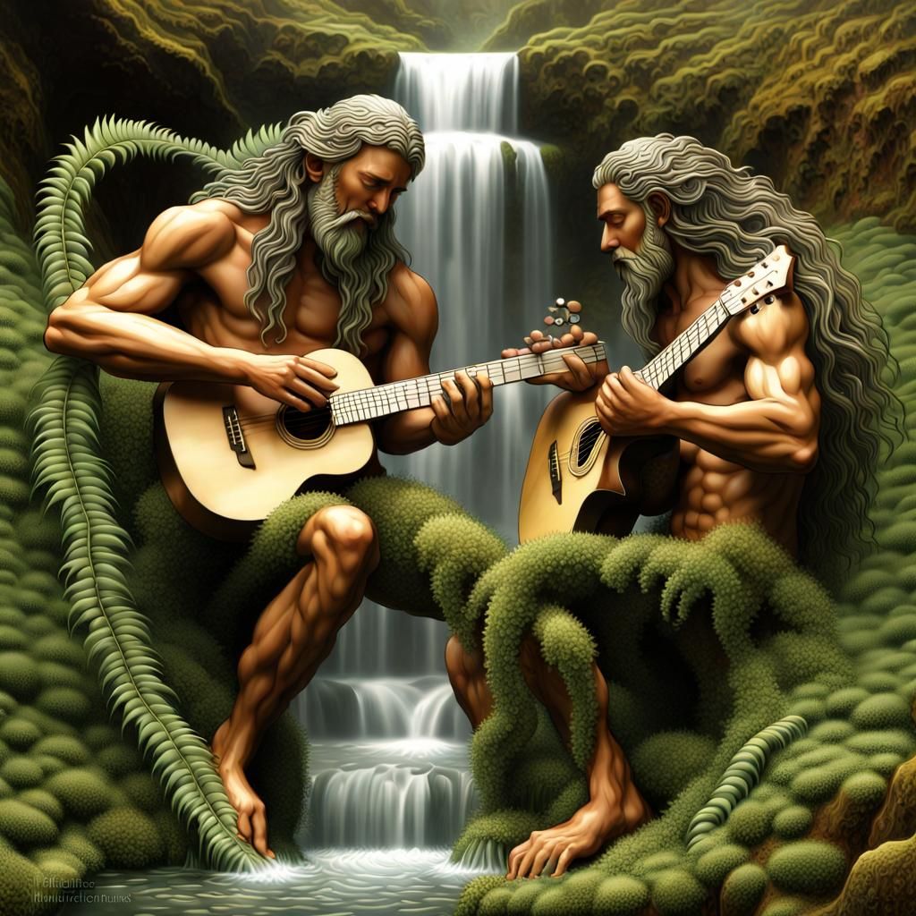 Two Guitarists in a Rustic Ancient Landscape
