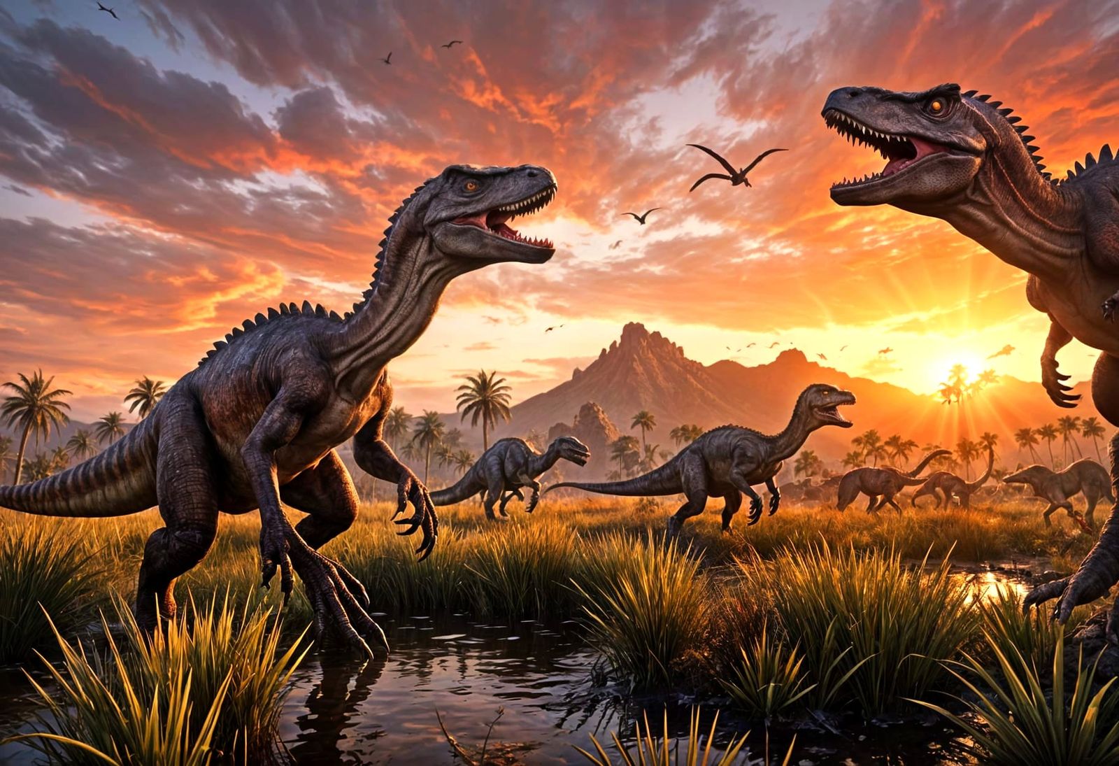 Dusky Sunset Carnage: Velociraptors Clash with Edmontosaurs