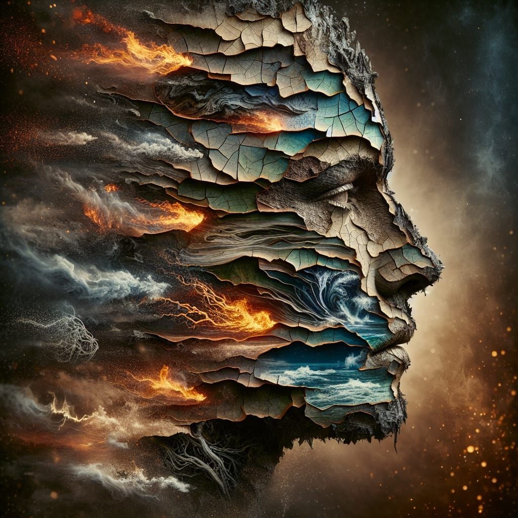 Elemental Face Formed from Torn Paper Layers