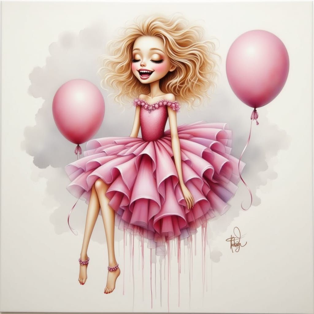 Girl in Whimsical Pink Tutu on Translucent Balloon