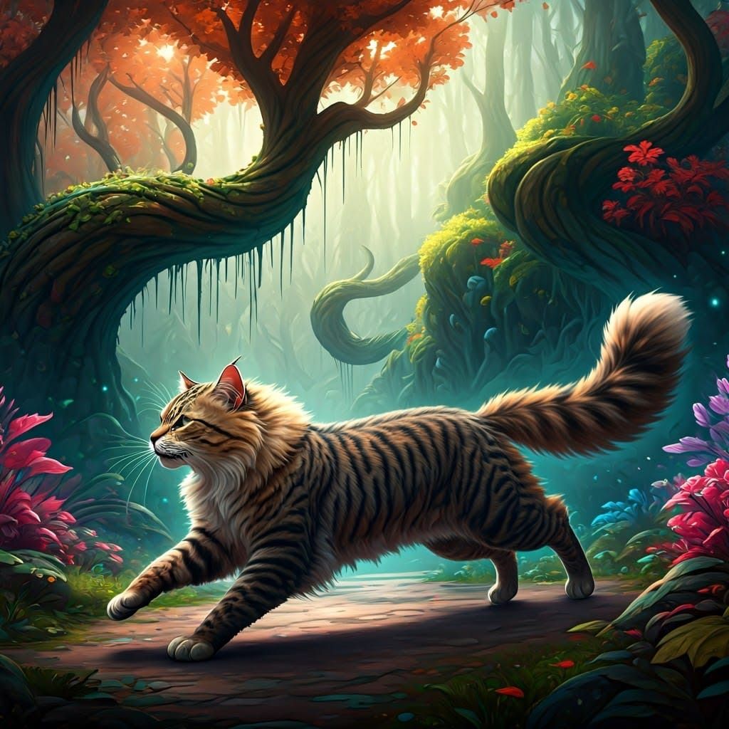 Majestic Cat Sprinting in Dreamlike Forest