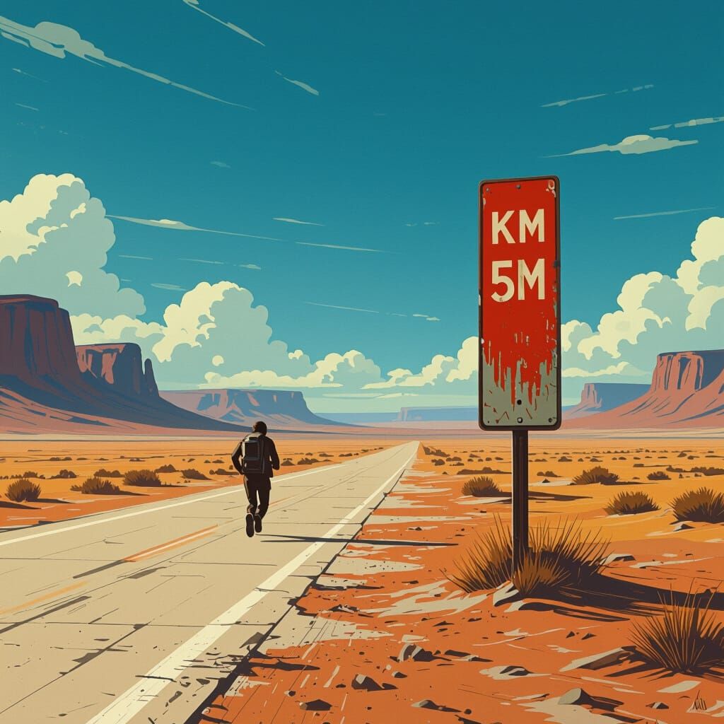 Lone Figure in Desolate Landscape, Retro-Futuristic Style