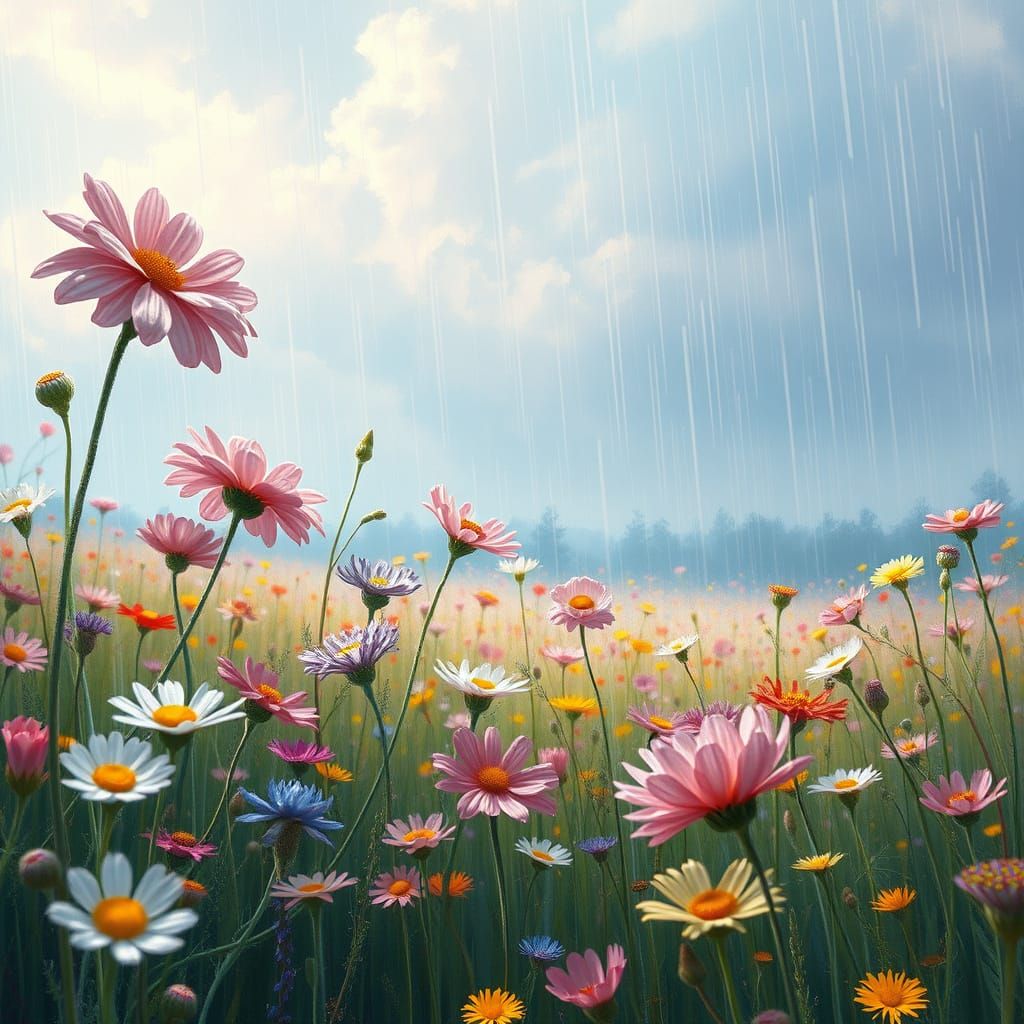 Wildflowers in Summer Rain: Impressionistic Pastel Landscape