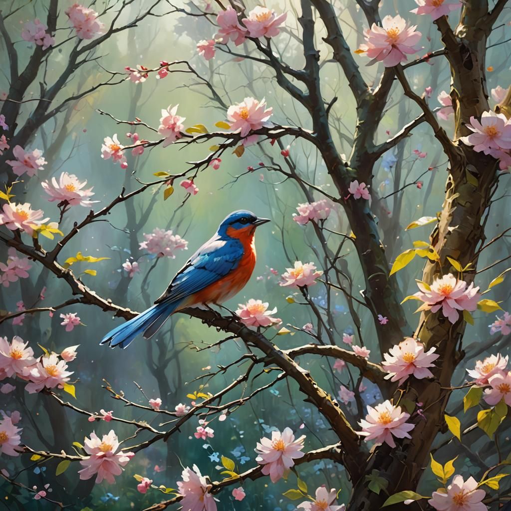 Blossom Tree Bird in Dreamlike Fantasy Style