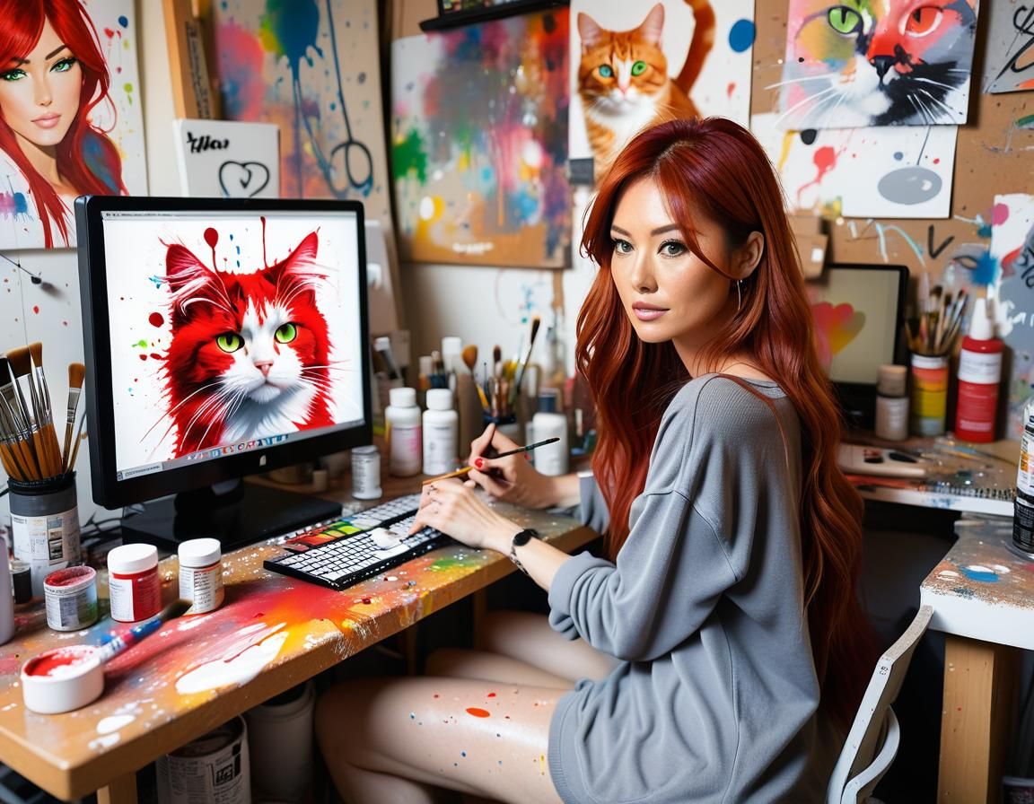 Frustrated Artist in Japanese Apartment with Cat
