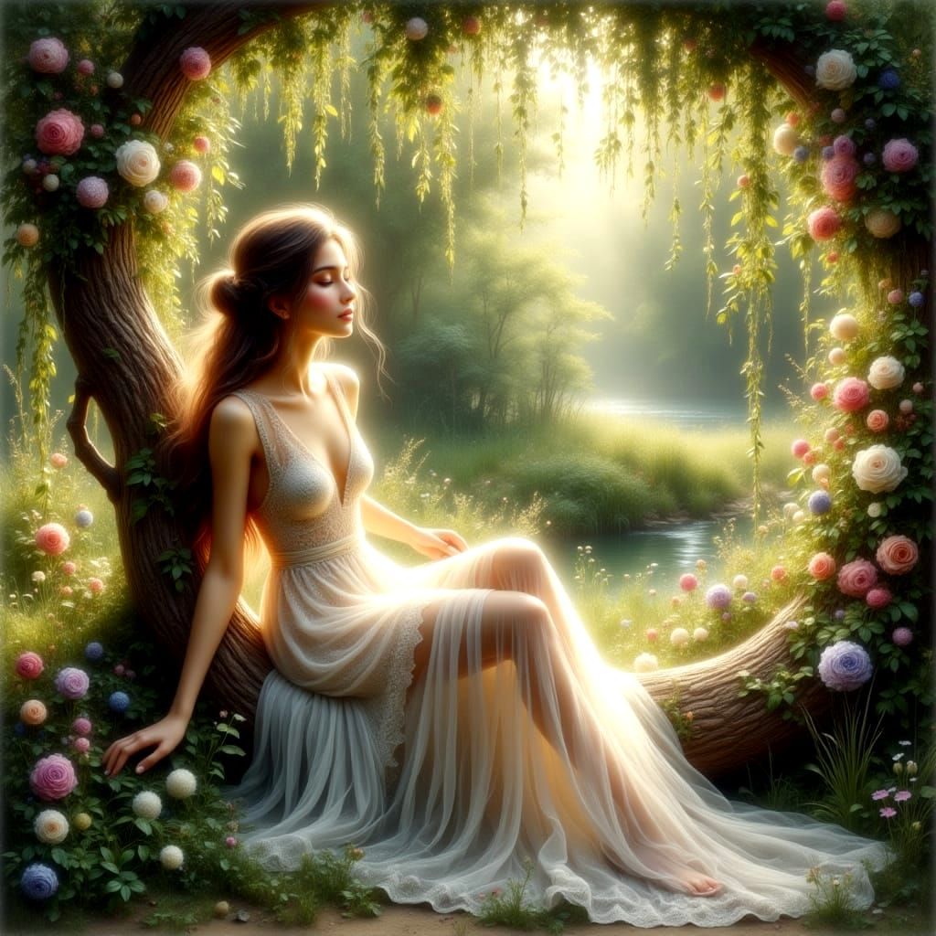 Ethereal Fantasy Scene with a Beautiful Woman in Exotic Flor...