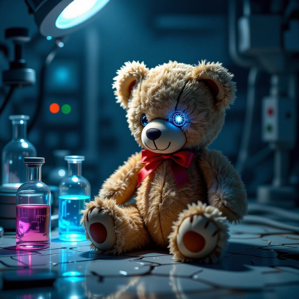 Weathered Teddy Bear on Futuristic Console