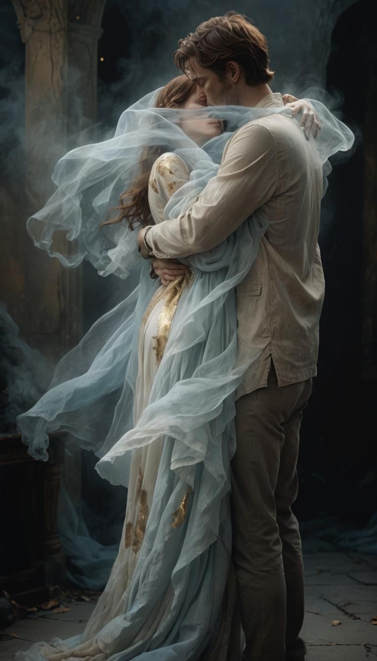Heartbroken Man Embraces Ghost in Pastel Hues