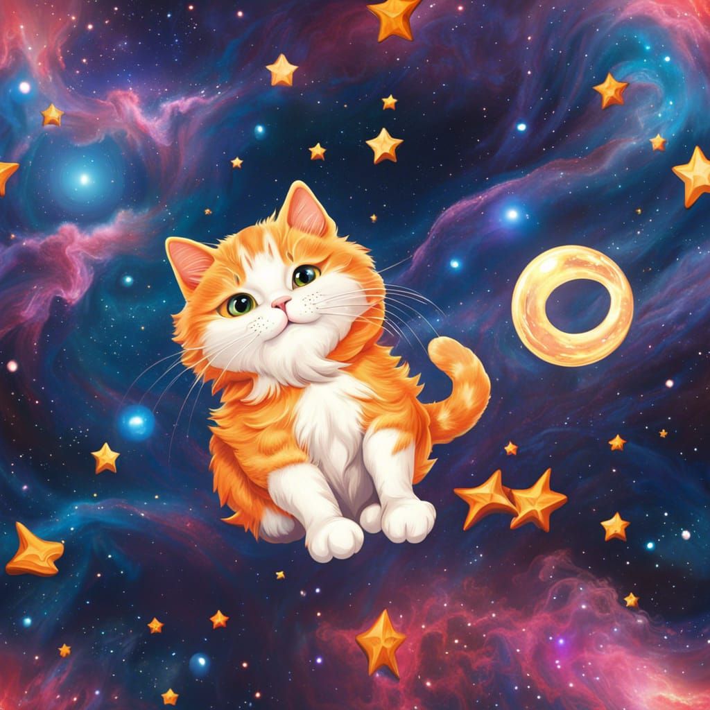 Orange Cat Among the Stars: Digital Art
