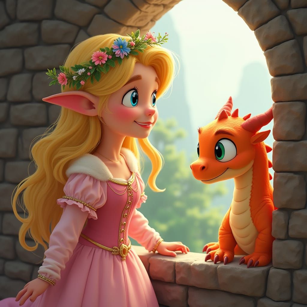 Sweet Orc Princess in Pink Gown with Dragon, Disney Animatio...