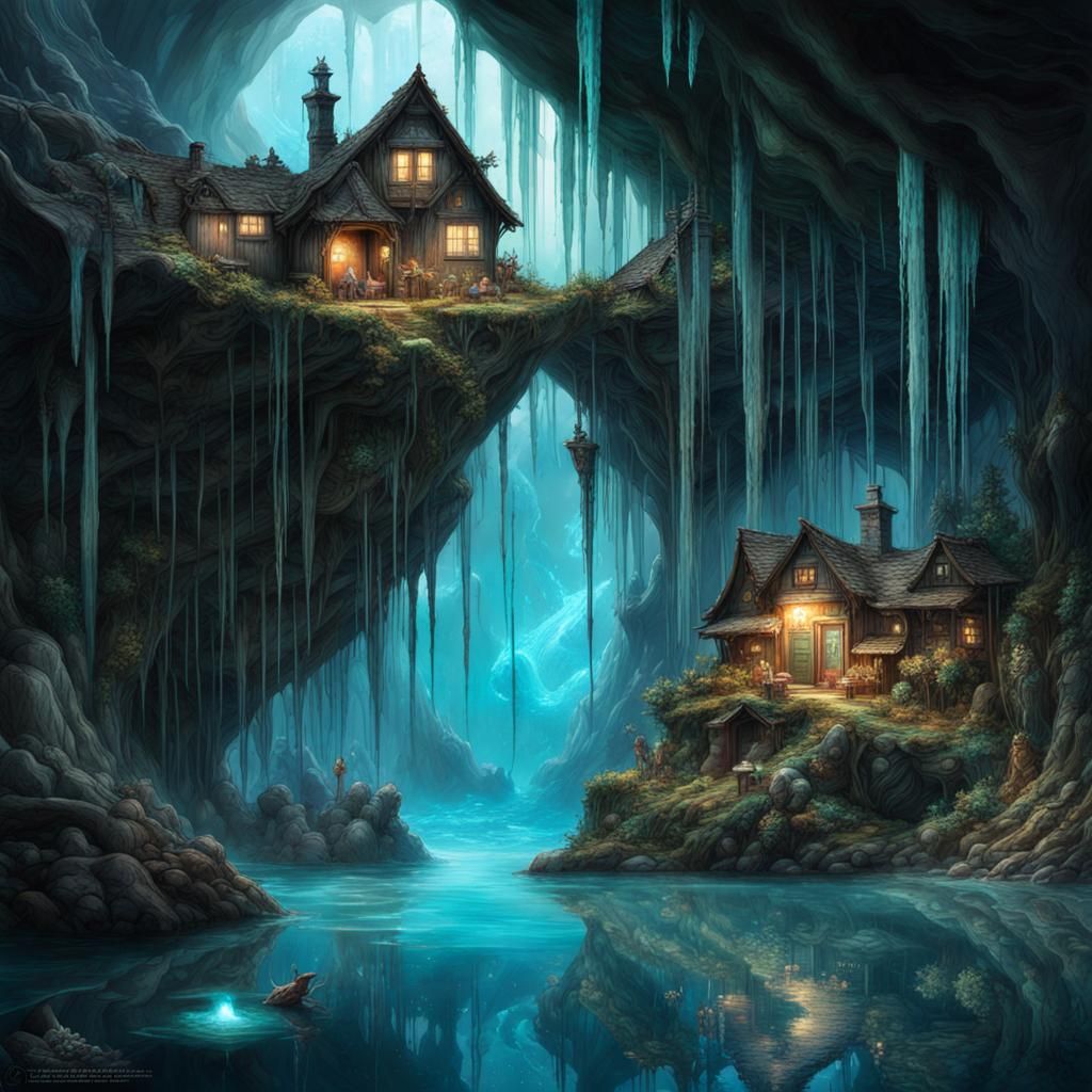 Bioluminescent Crystal Cave Village in Fantasycore Style