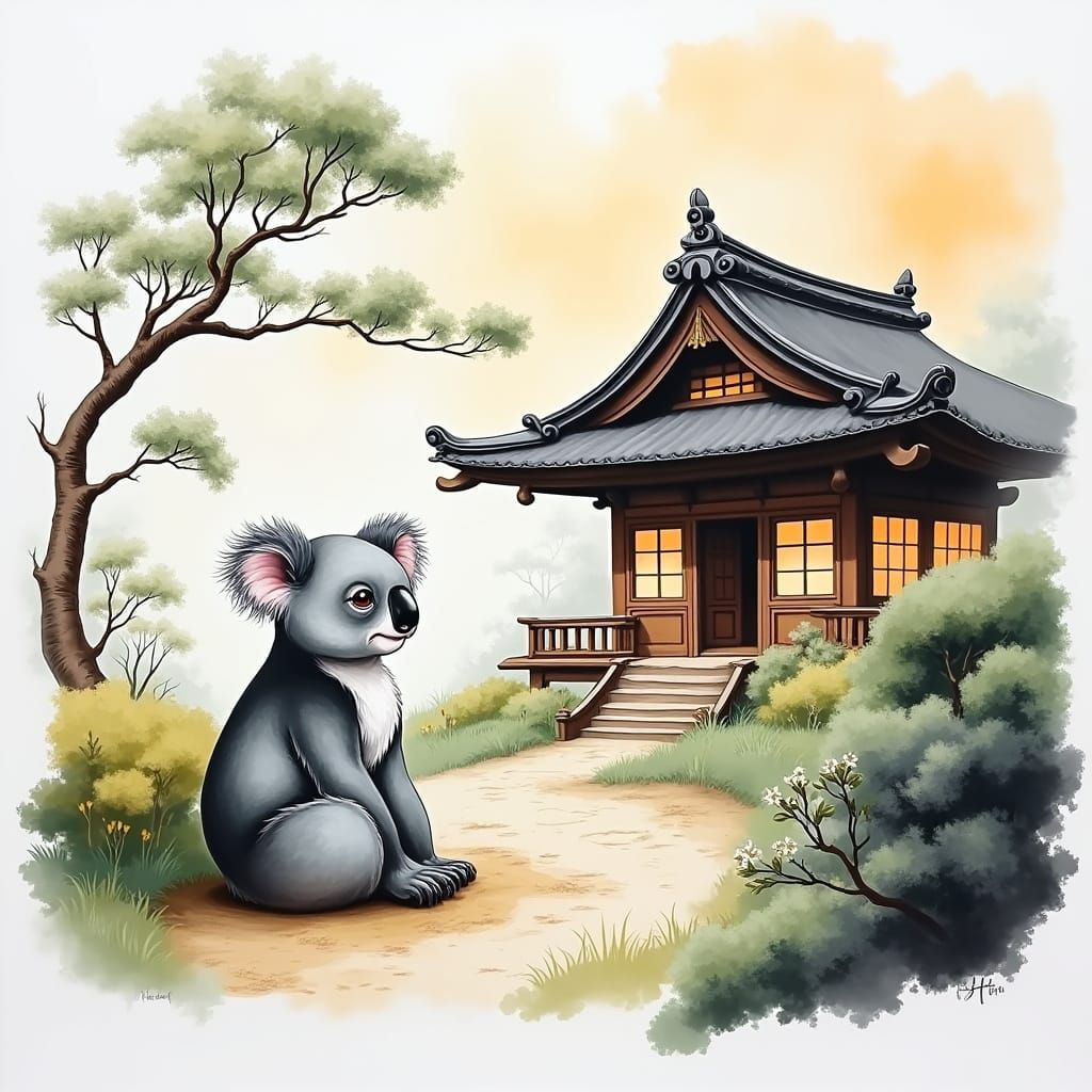 Cute Baby Koala in Serene Forest Landscape