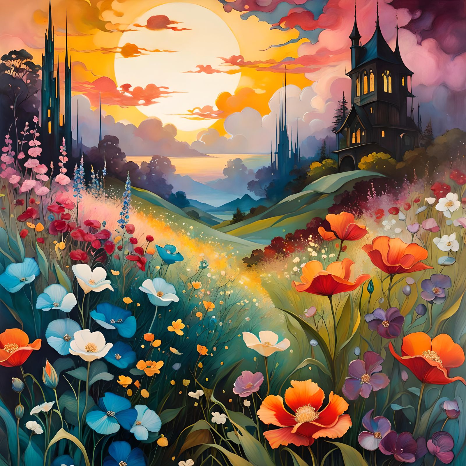 Twilight Flower Garden in Cel-Shaded Expressionism