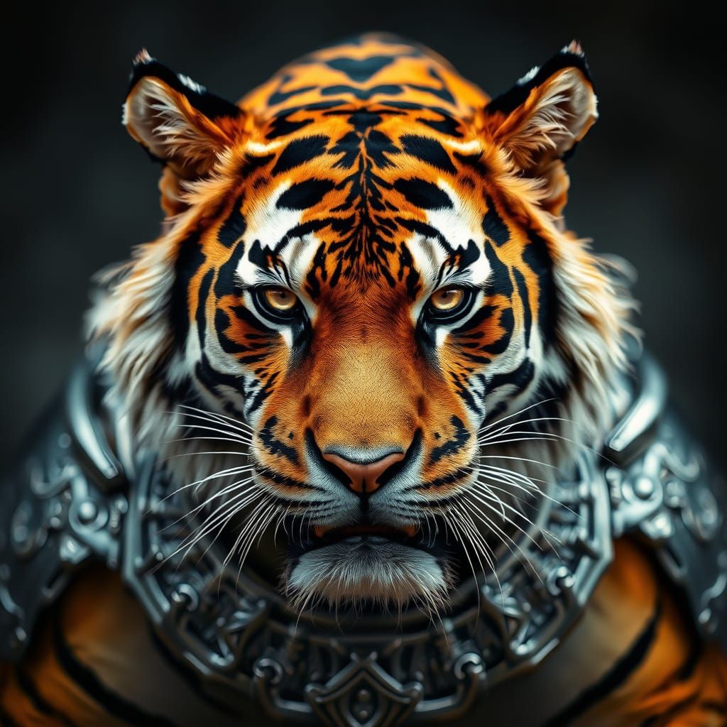 Powerful Tiger in Silver Armor, Embodying Strength and Fierc...
