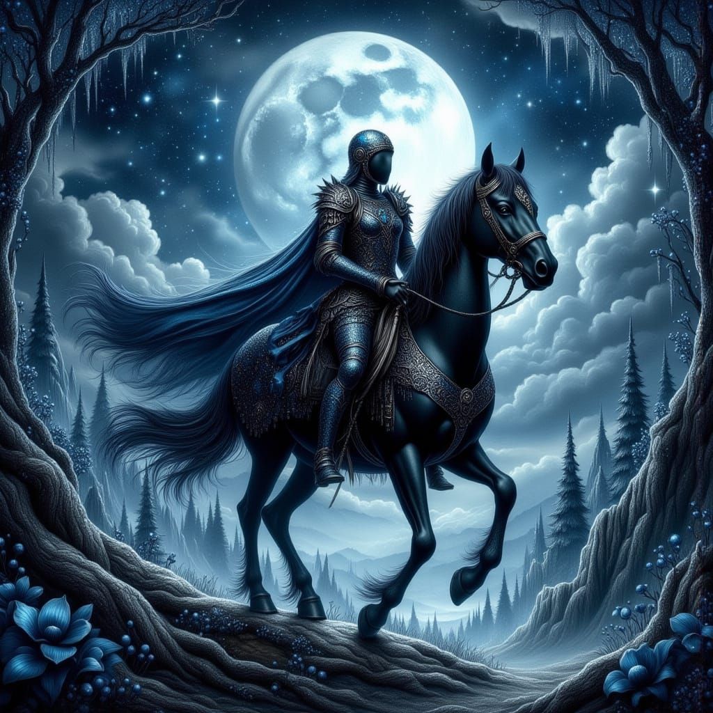 Pale blue moon knight rides the black stallion in the blaste...